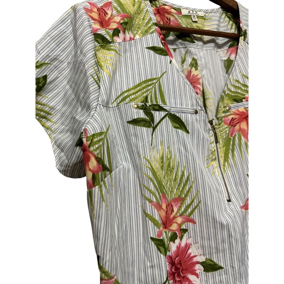 MPH Collection Women's Floral Striped‎ Short Sleeve Top Blouse 1X - Picture 2 of 6